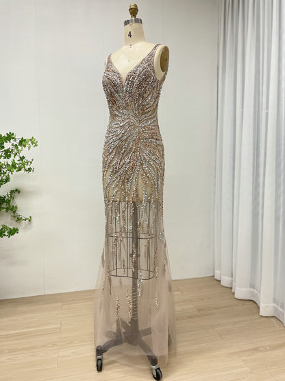 Gold Beaded Mermaid Evening Gown - V-Neck Illusion Mesh Formal Dress MC20111