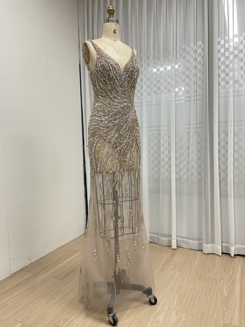 Gold Beaded Mermaid Evening Gown - V-Neck Illusion Mesh Formal Dress MC20111