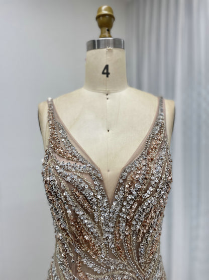 Gold Beaded Mermaid Evening Gown - V-Neck Illusion Mesh Formal Dress MC20111