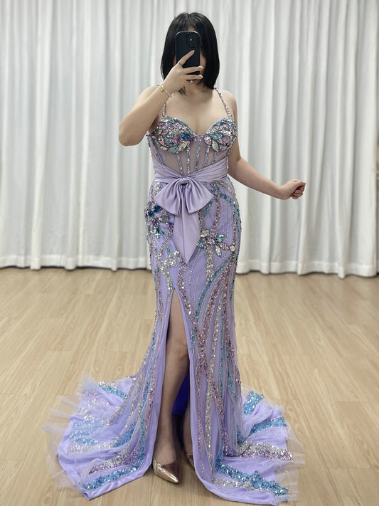 Purple Prom Dress Beaded Mermaid High Slit Gown with Satin Bow Belt MC20112