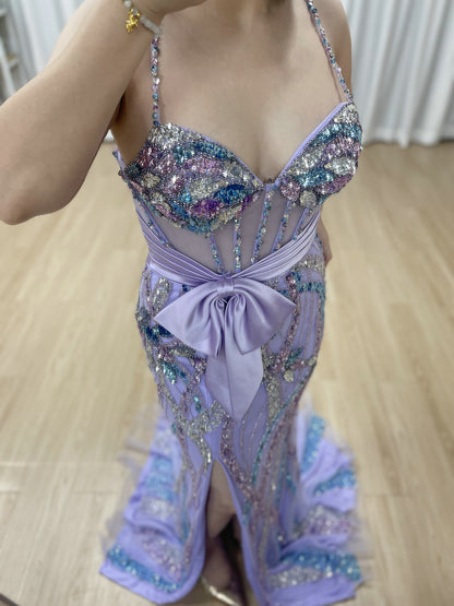 Lavender Iridescent Beading Mermaid Prom Dress - Butterfly Corset Pageant MC20112