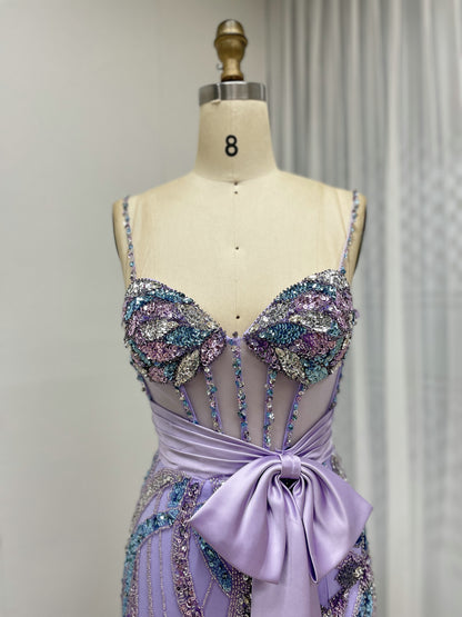 Lavender Iridescent Beading Mermaid Prom Dress - Butterfly Corset Pageant MC20112