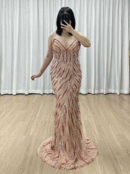 Elegant Strapless Sweetheart Gown Mermaid Silver Pink Beaded Party Dress MC20113