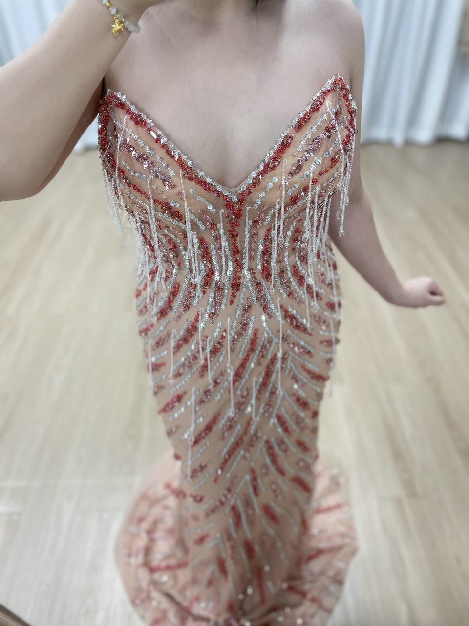 Elegant Strapless Sweetheart Gown Mermaid Silver Pink Beaded Party Dress MC20113