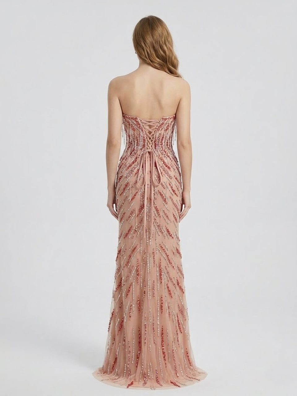 Beaded Mermaid Evening Gown with Sweetheart Neck - Pink Gold Formal Dress MC20113