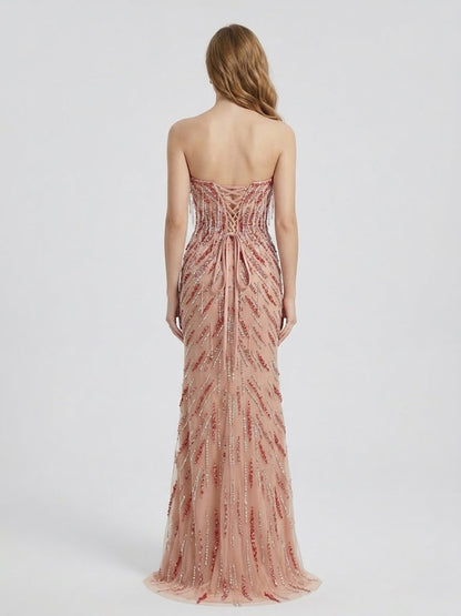 Beaded Mermaid Evening Gown with Sweetheart Neck - Pink Gold Formal Dress MC20113