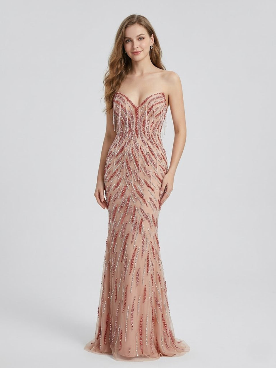 Beaded Mermaid Evening Gown with Sweetheart Neck - Pink Gold Formal Dress MC20113