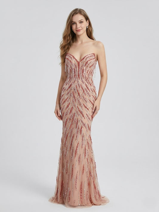 Beaded Mermaid Evening Gown with Sweetheart Neck - Pink Gold Formal Dress MC20113