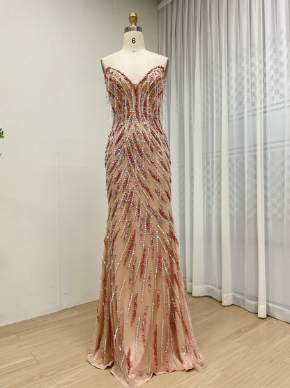 Elegant Strapless Sweetheart Gown Mermaid Silver Pink Beaded Party Dress MC20113