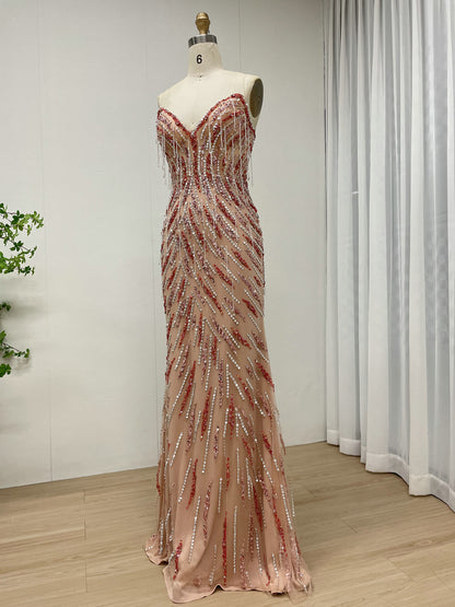 Beaded Mermaid Evening Gown with Sweetheart Neck - Pink Gold Formal Dress MC20113