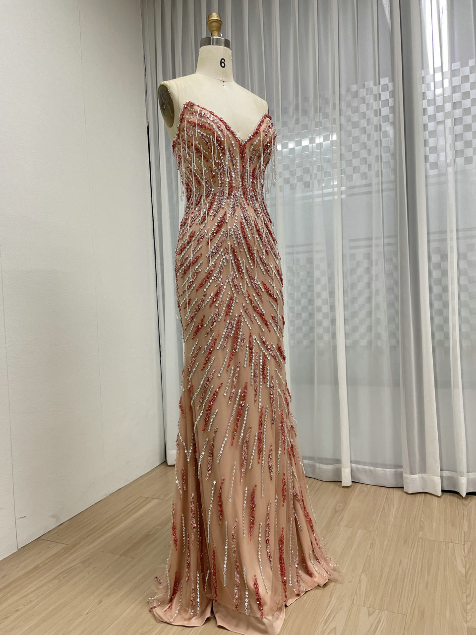 Beaded Mermaid Evening Gown with Sweetheart Neck - Pink Gold Formal Dress MC20113
