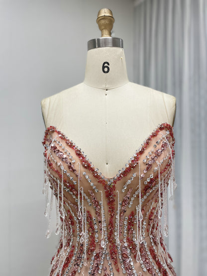 Elegant Strapless Sweetheart Gown Mermaid Silver Pink Beaded Party Dress MC20113