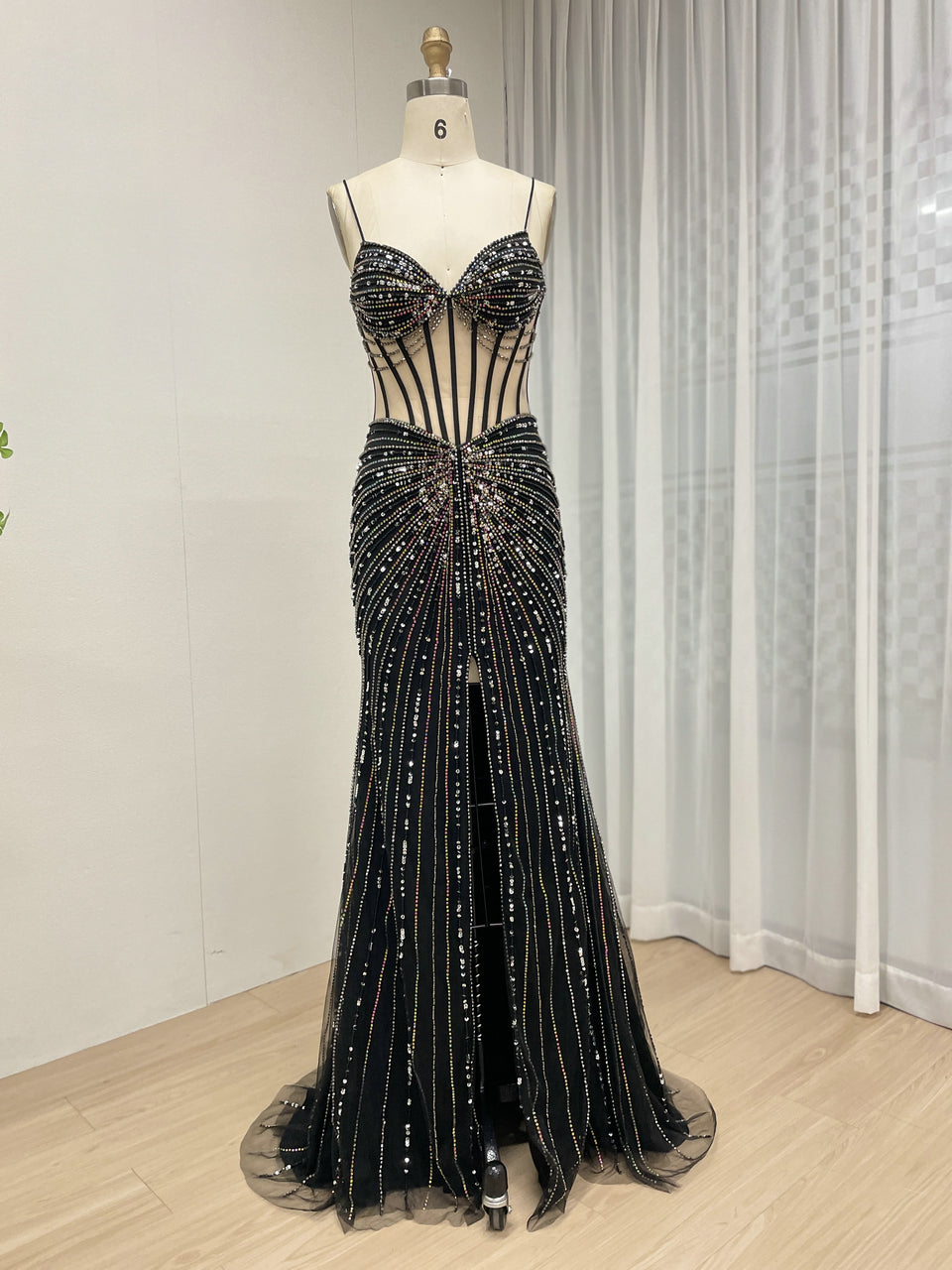 Black Beading Sheer Bodice Mermaid Prom Dress with High Slit MC20114