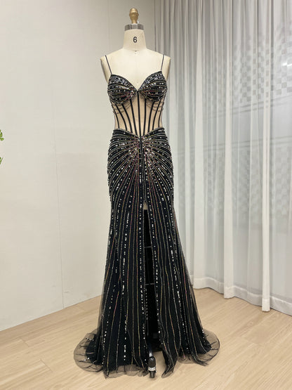 Black Beading Sheer Bodice Mermaid Prom Dress with High Slit MC20114