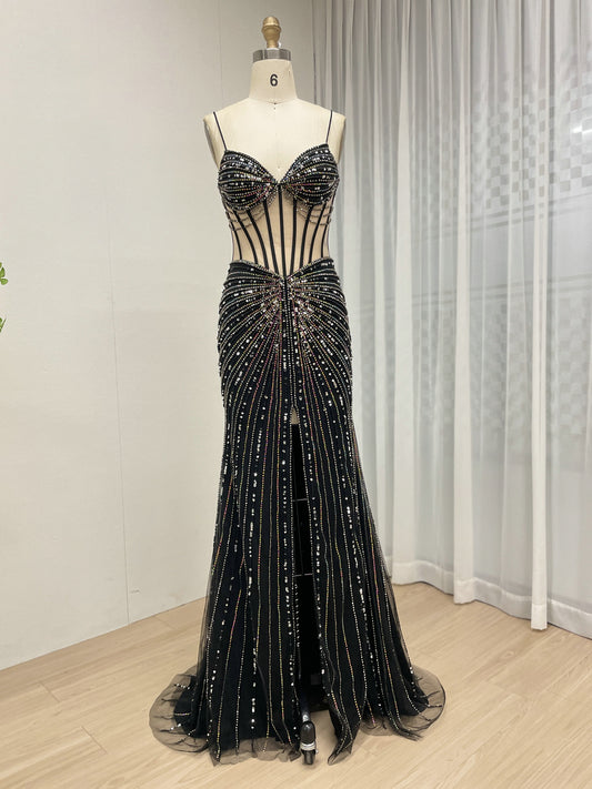 Sexy Black Mermaid Gown Sparkly Beaded Slit Formal Evening Wear MC20114