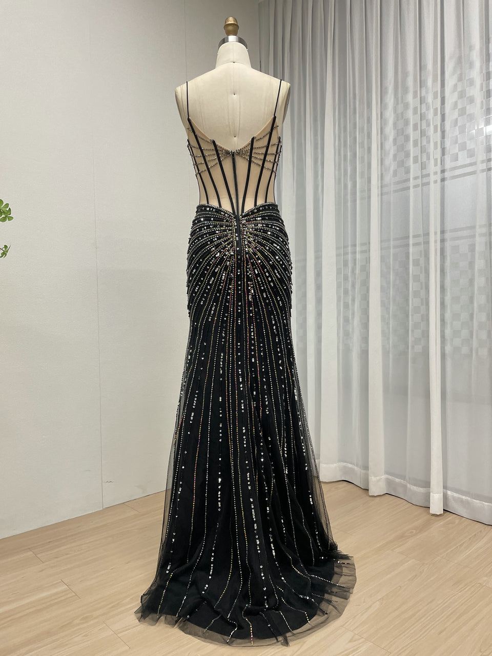 Black Beading Sheer Bodice Mermaid Prom Dress with High Slit MC20114