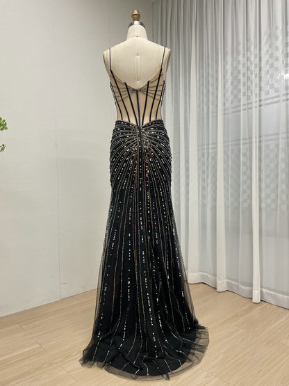 Black Beading Sheer Bodice Mermaid Prom Dress with High Slit MC20114