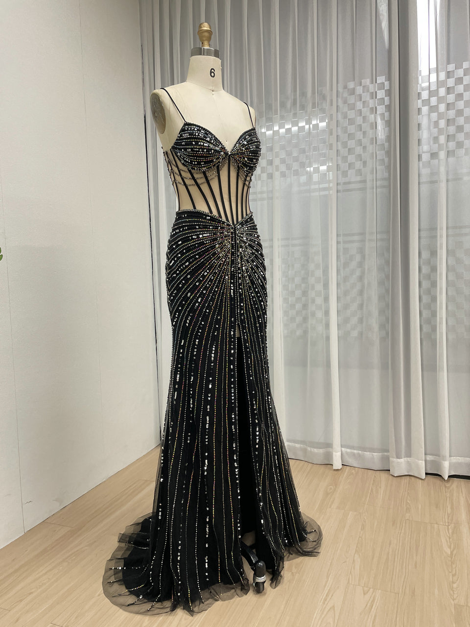 Black Beading Sheer Bodice Mermaid Prom Dress with High Slit MC20114