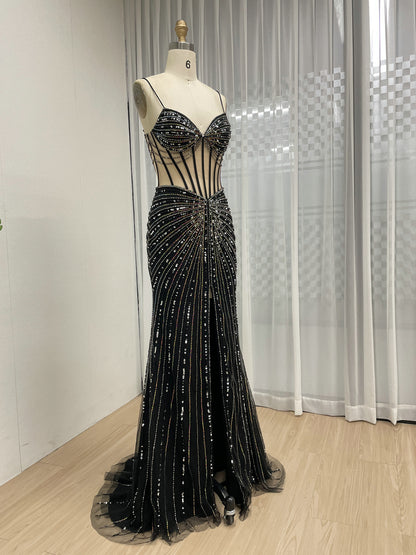 Black Beading Sheer Bodice Mermaid Prom Dress with High Slit MC20114