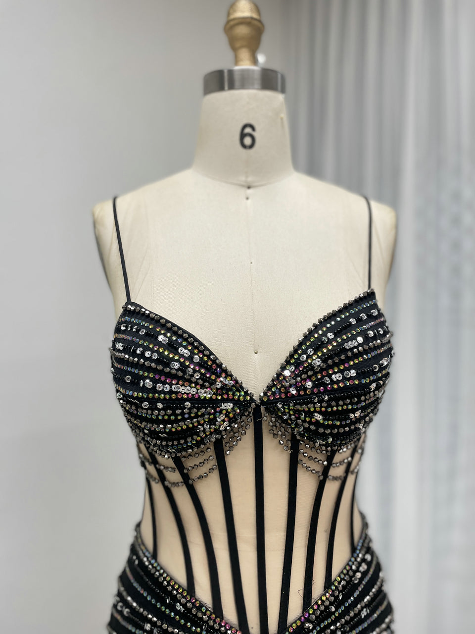 Black Beading Sheer Bodice Mermaid Prom Dress with High Slit MC20114