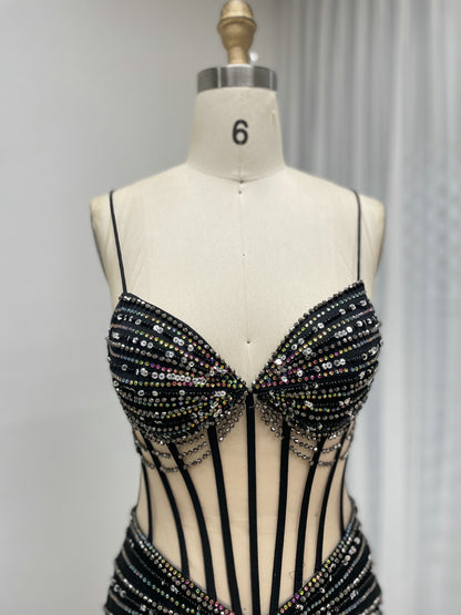 Black Beading Sheer Bodice Mermaid Prom Dress with High Slit MC20114
