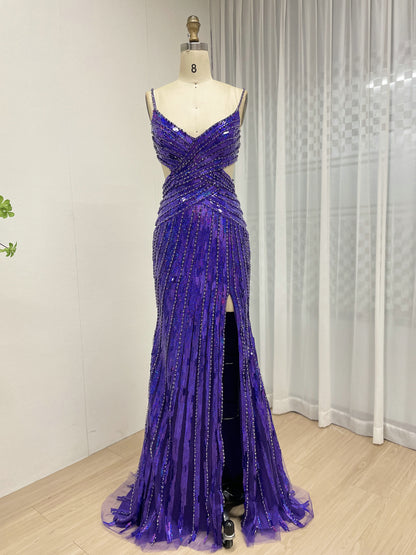 Purple Beading Mermaid Prom Dress 2026 - High Slit Evening Gown MC20115