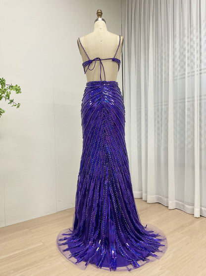 Purple Beading Mermaid Prom Dress 2026 - High Slit Evening Gown MC20115
