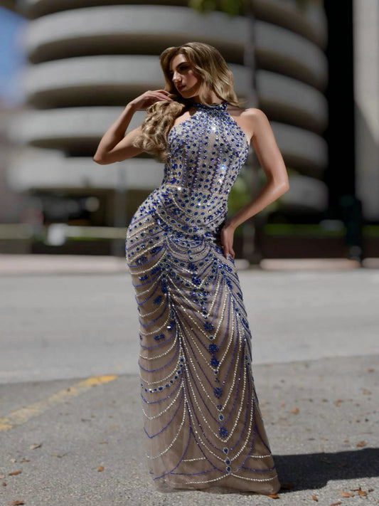 Luxury Royal Blue Crystal Embellished Beaded Halter Neck Evening Gown MC20116