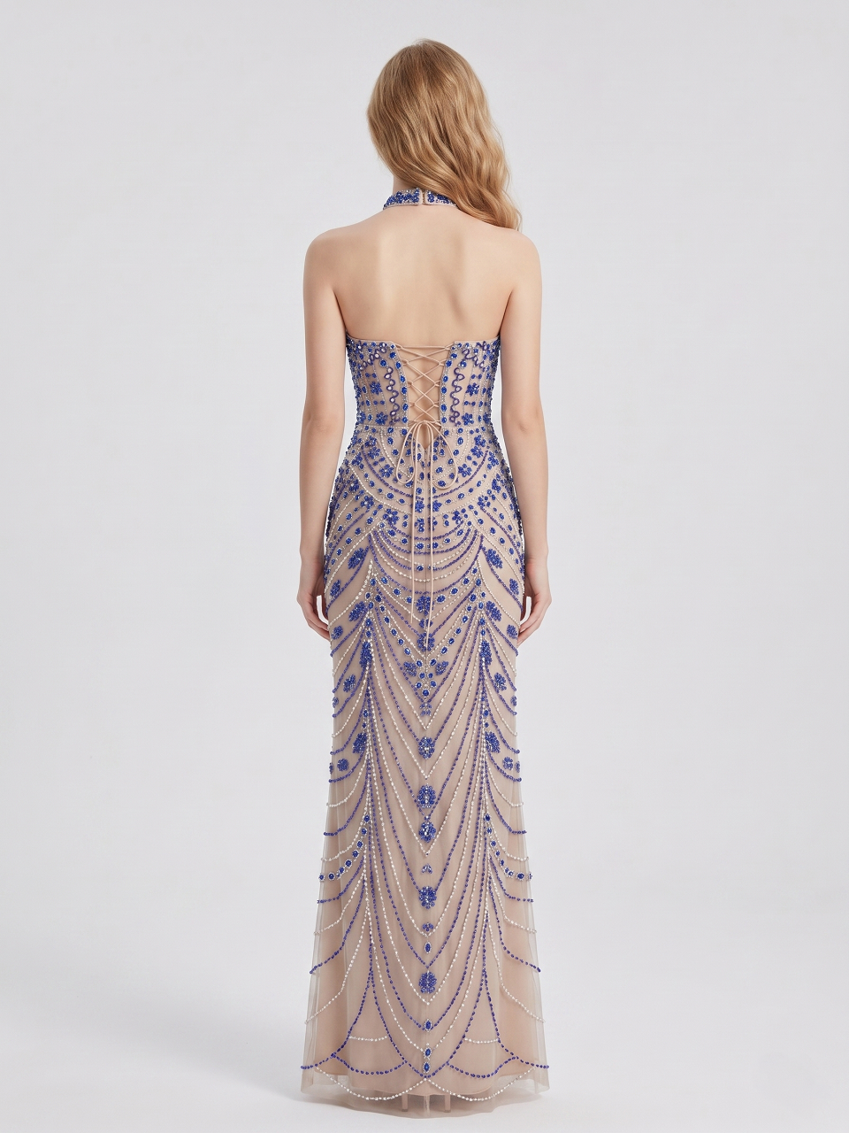 Luxury Crystal Beaded Halter Neck Evening Gown in Caramel MC20116