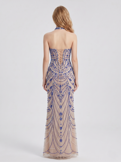 Luxury Crystal Beaded Halter Neck Evening Gown in Caramel MC20116