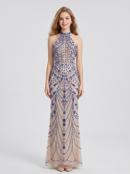 Luxury Crystal Beaded Halter Neck Evening Gown in Caramel MC20116