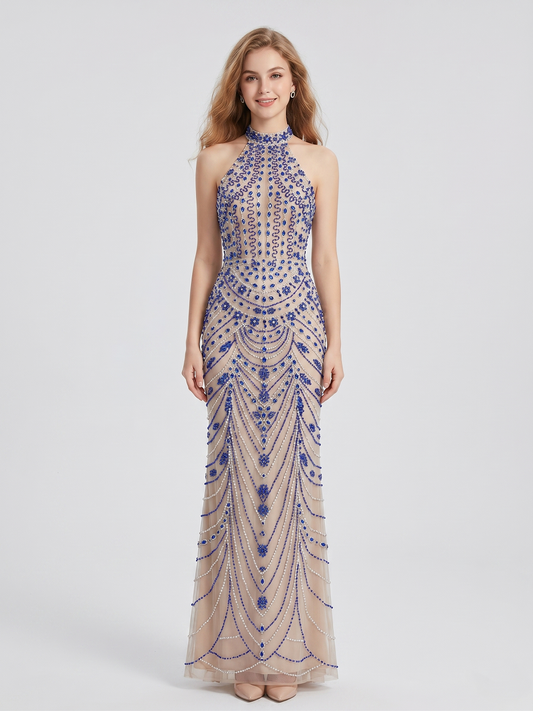 Luxury Crystal Beaded Halter Neck Evening Gown in Caramel MC20116