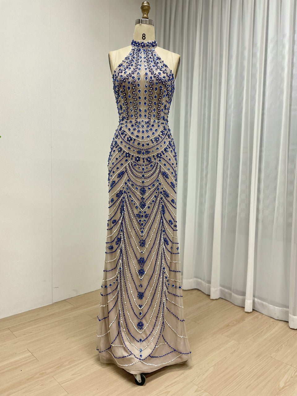 Luxury Crystal Beaded Halter Neck Evening Gown in Caramel MC20116