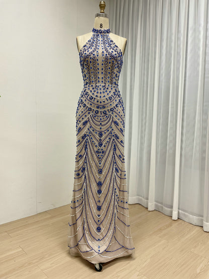 Luxury Crystal Beaded Halter Neck Evening Gown in Caramel MC20116