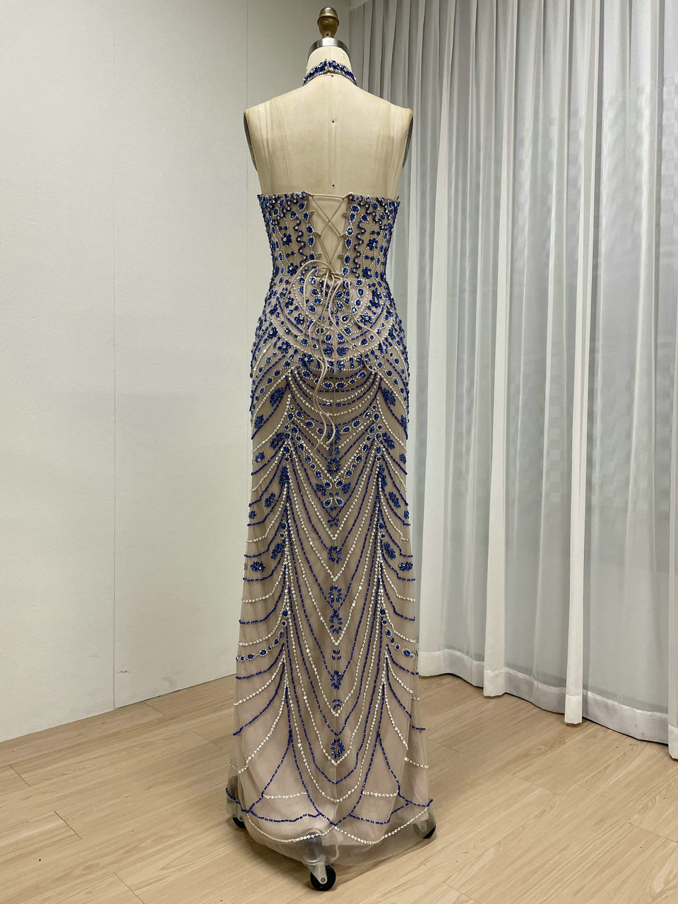 Luxury Crystal Beaded Halter Neck Evening Gown in Caramel MC20116