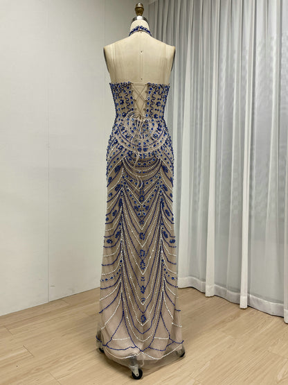 Luxury Crystal Beaded Halter Neck Evening Gown in Caramel MC20116