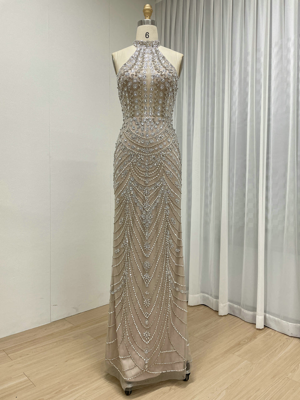 Luxury Crystal Beaded Halter Neck Evening Gown in Caramel MC20116