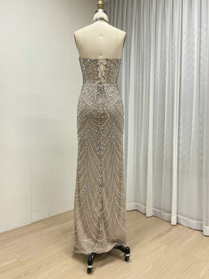 Luxury Crystal Beaded Halter Neck Evening Gown in Caramel MC20116