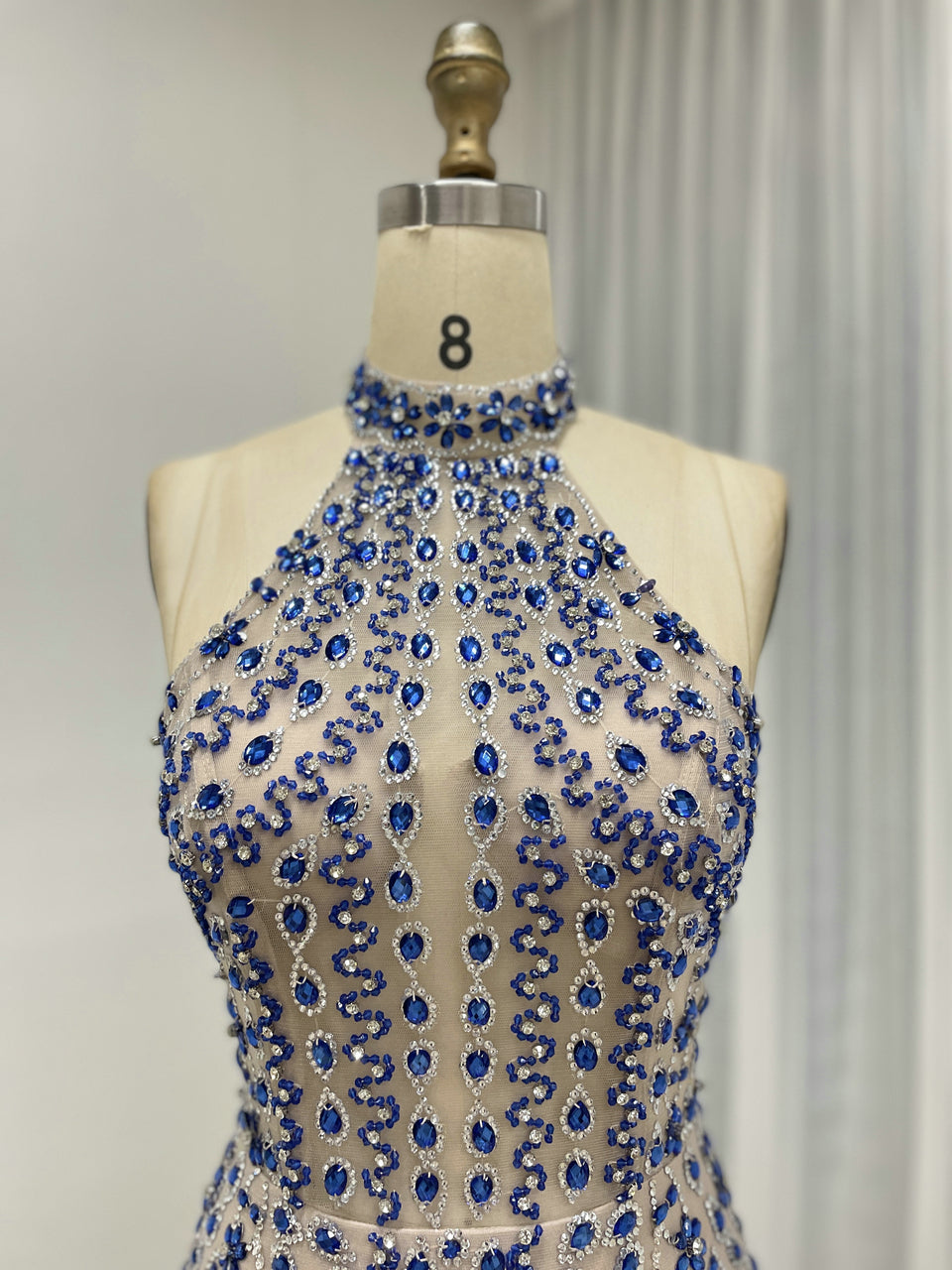 Luxury Crystal Beaded Halter Neck Evening Gown in Caramel MC20116