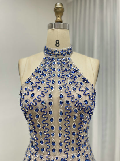 Luxury Crystal Beaded Halter Neck Evening Gown in Caramel MC20116