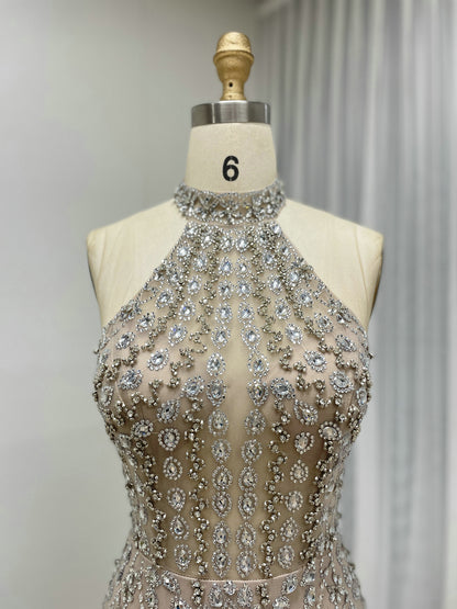 Luxury Crystal Beaded Halter Neck Evening Gown in Caramel MC20116