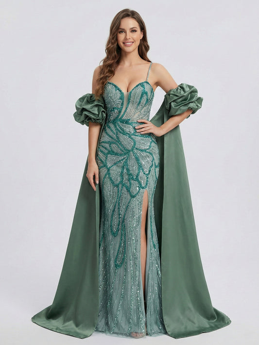 Luxury Green Handmade Mermaid Gown with Detachable Cape Puff Sleeves & Slit MC20117