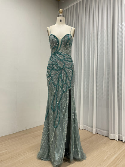 Luxury Green Handmade Mermaid Gown with Detachable Cape Puff Sleeves & Slit MC20117