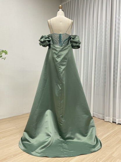 Luxury Green Handmade Mermaid Gown with Detachable Cape Puff Sleeves & Slit MC20117