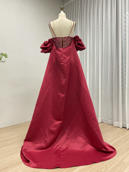 Luxury Green Handmade Mermaid Gown with Detachable Cape Puff Sleeves & Slit MC20117