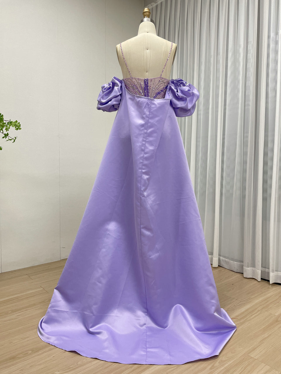 Luxury Green Handmade Mermaid Gown with Detachable Cape Puff Sleeves & Slit MC20117