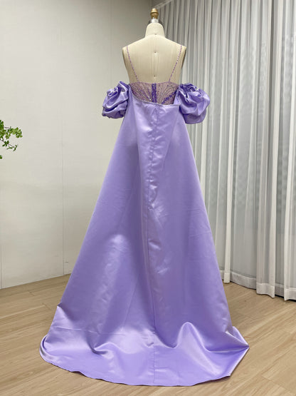 Luxury Green Handmade Mermaid Gown with Detachable Cape Puff Sleeves & Slit MC20117