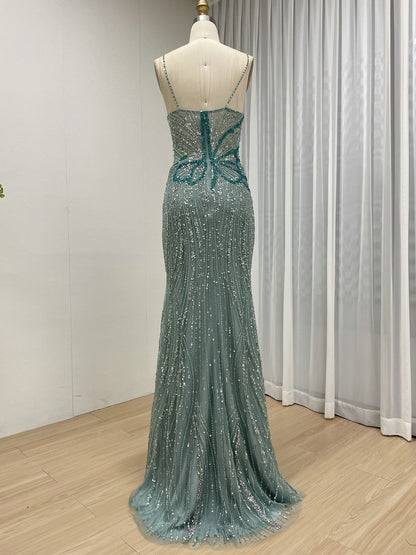 Luxury Green Handmade Mermaid Gown with Detachable Cape Puff Sleeves & Slit MC20117
