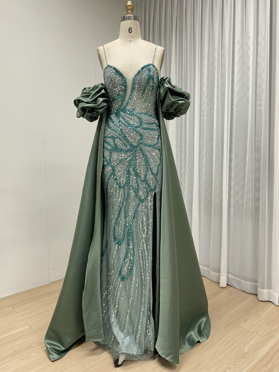 Luxury Green Handmade Mermaid Gown with Detachable Cape Puff Sleeves & Slit MC20117