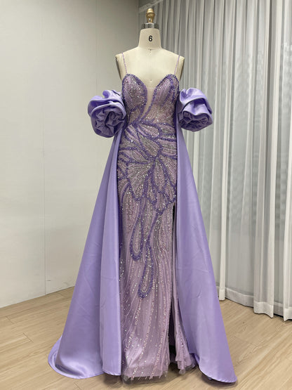 Luxury Green Handmade Mermaid Gown with Detachable Cape Puff Sleeves & Slit MC20117